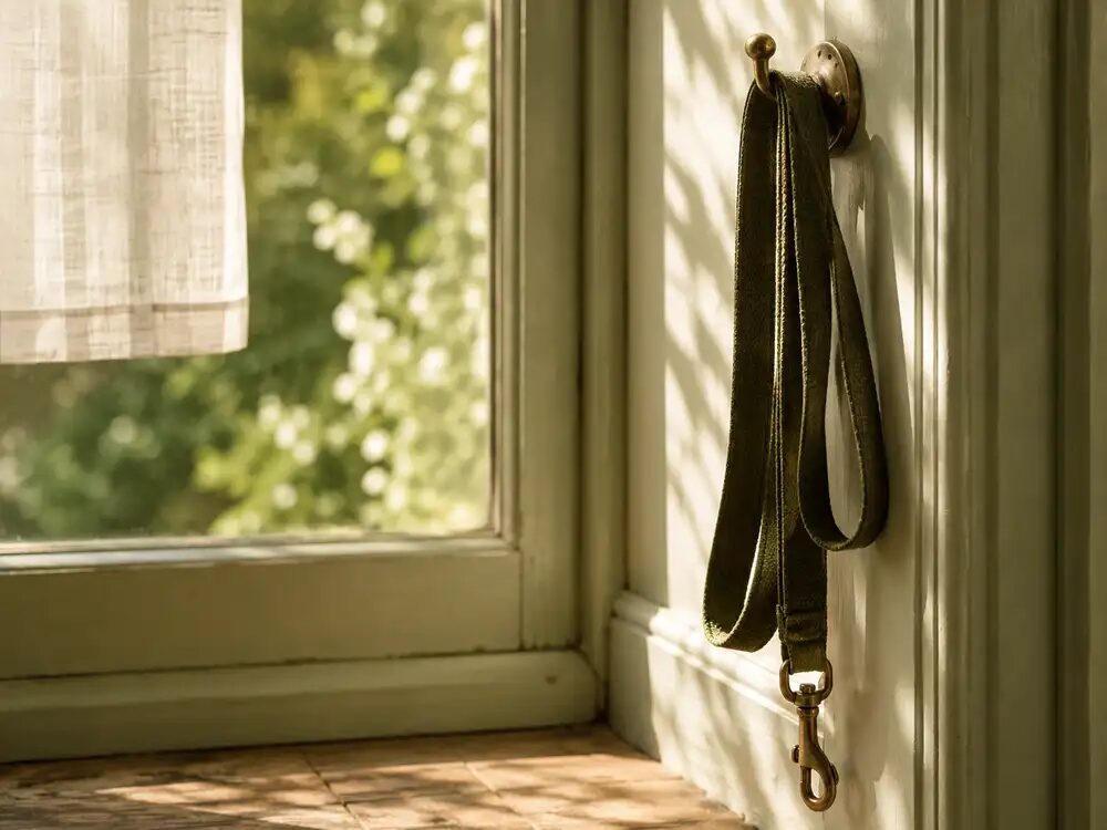 A leash hanging by a sunlit doorway