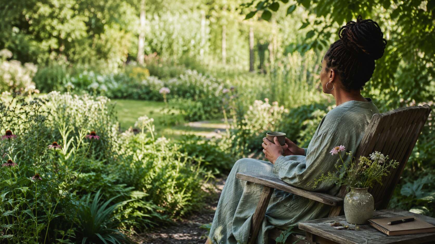 A quiet garden chair with a cup and notebook in a lush summer garden