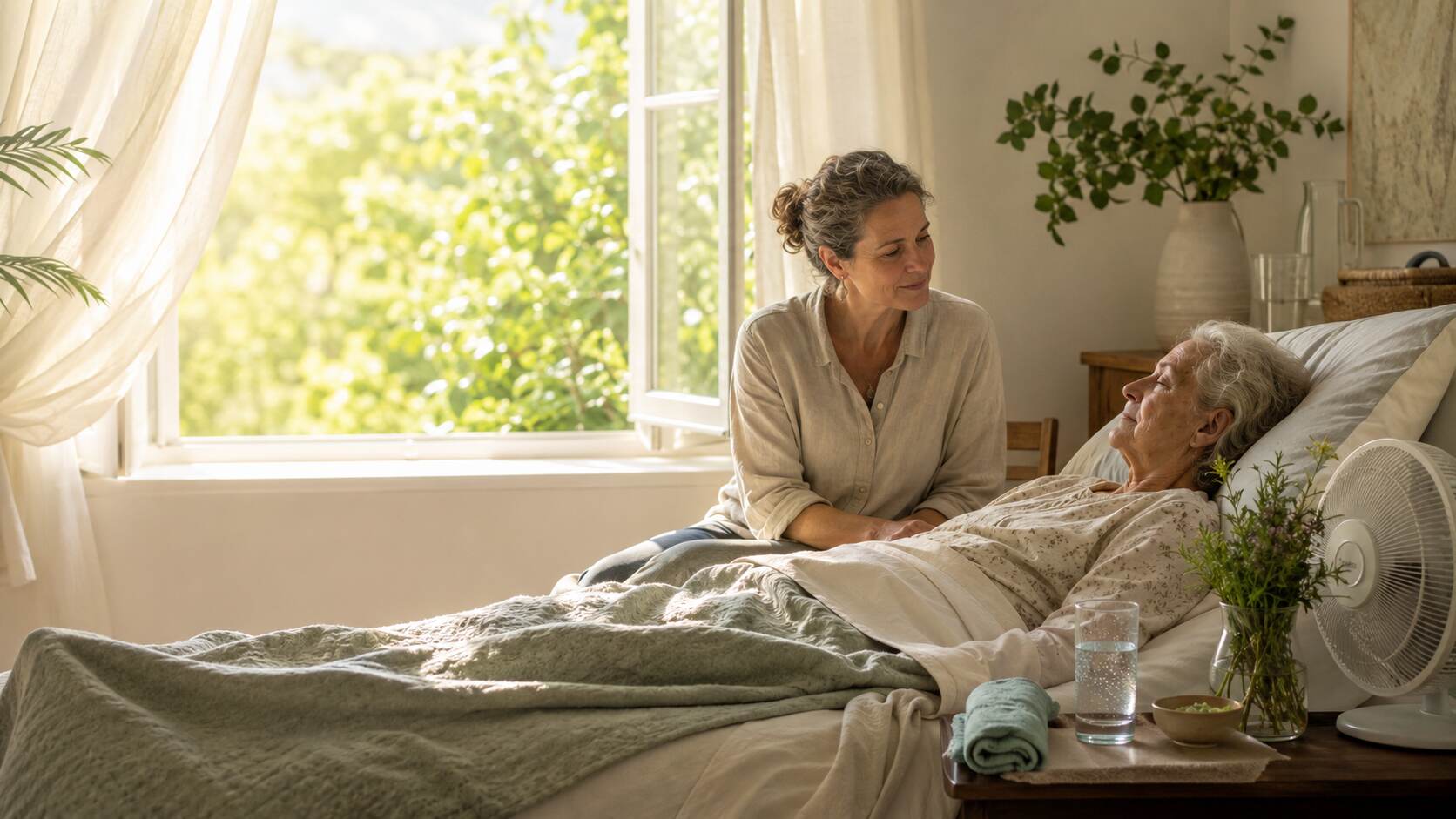 A peaceful summer bedside vigil with soft natural light, a caregiver, cool cloths, water, and a fan