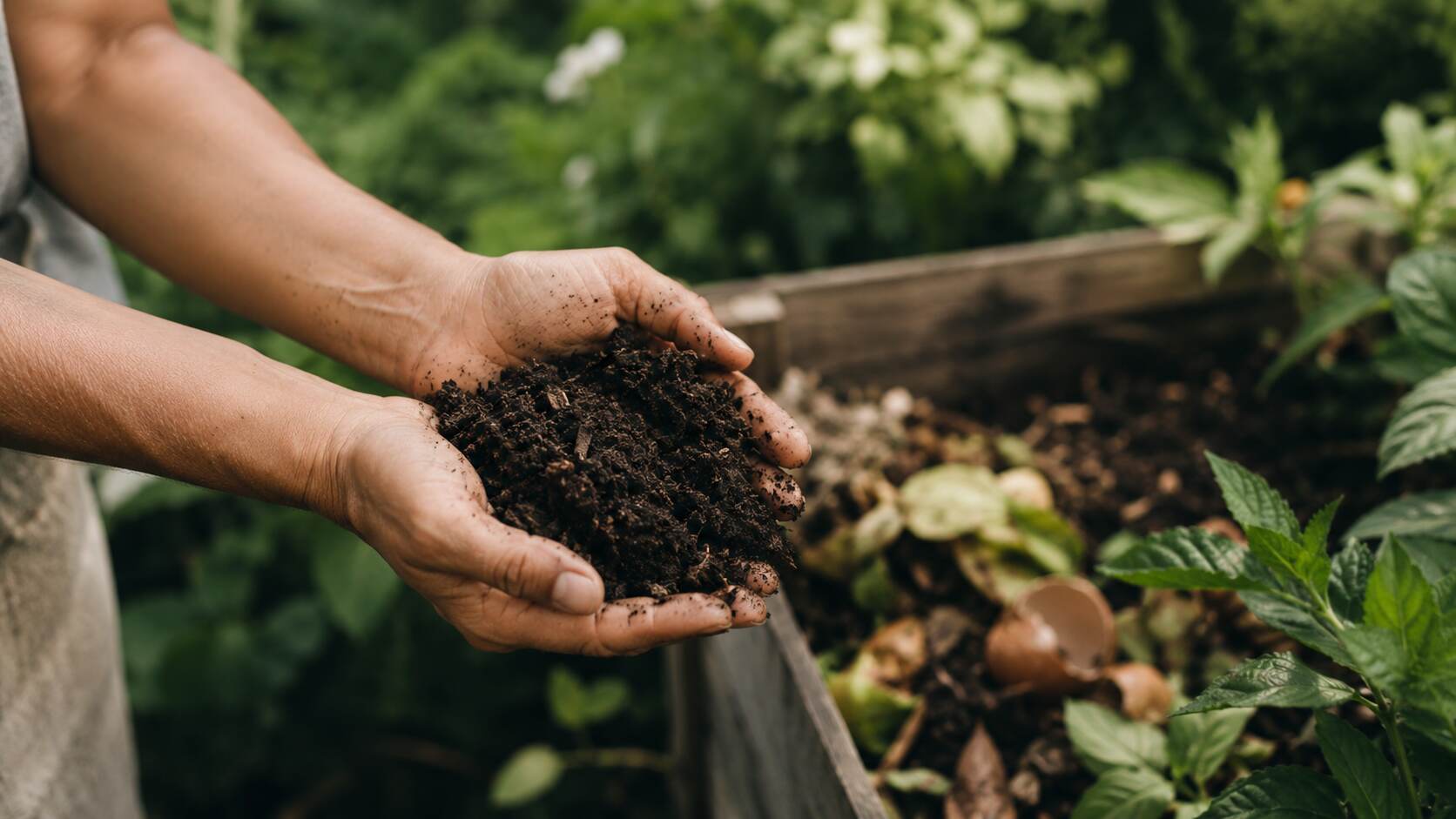 Hands holding rich compost in a summer garden
