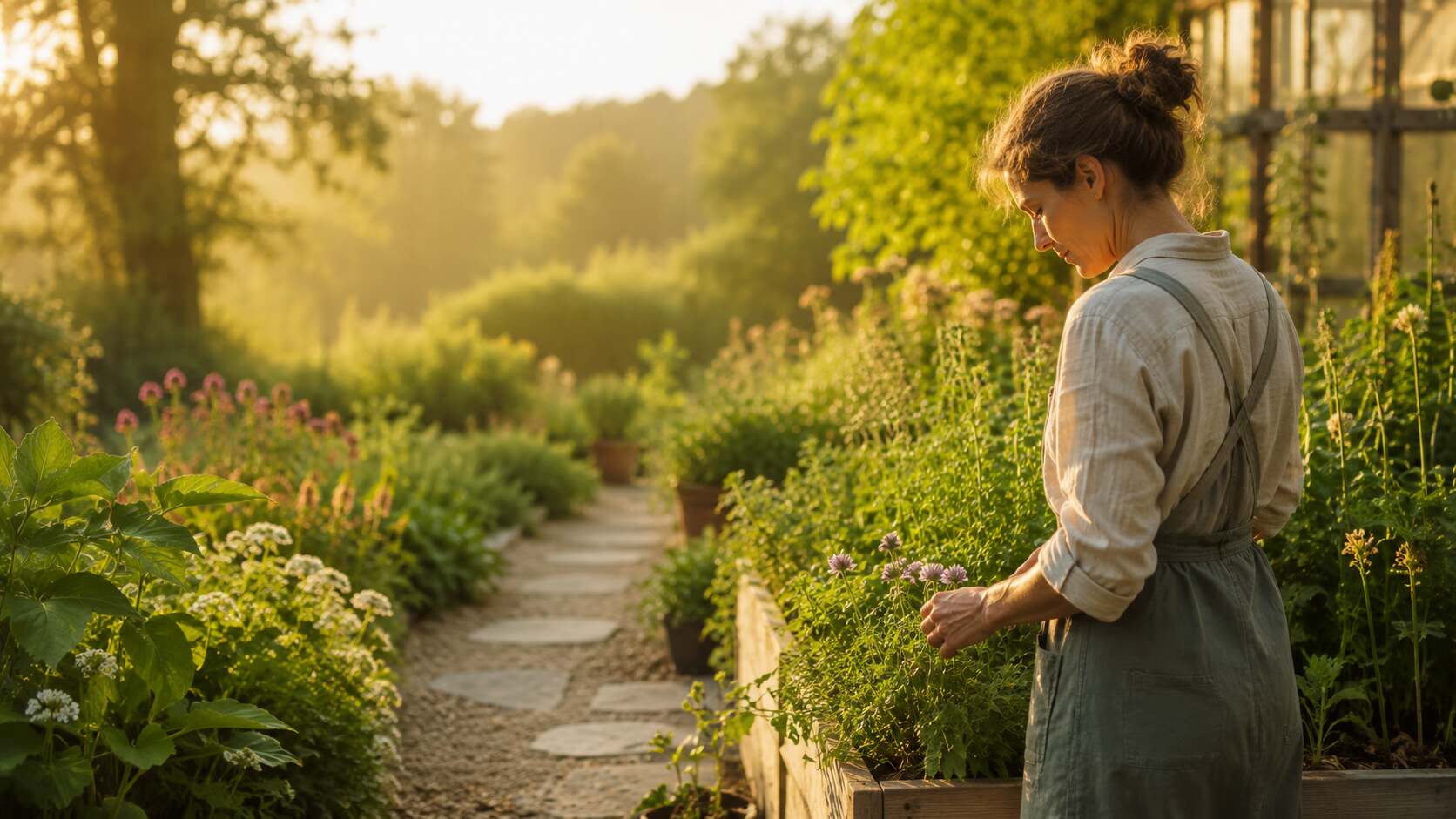 A person tending a summer garden in soft golden light
