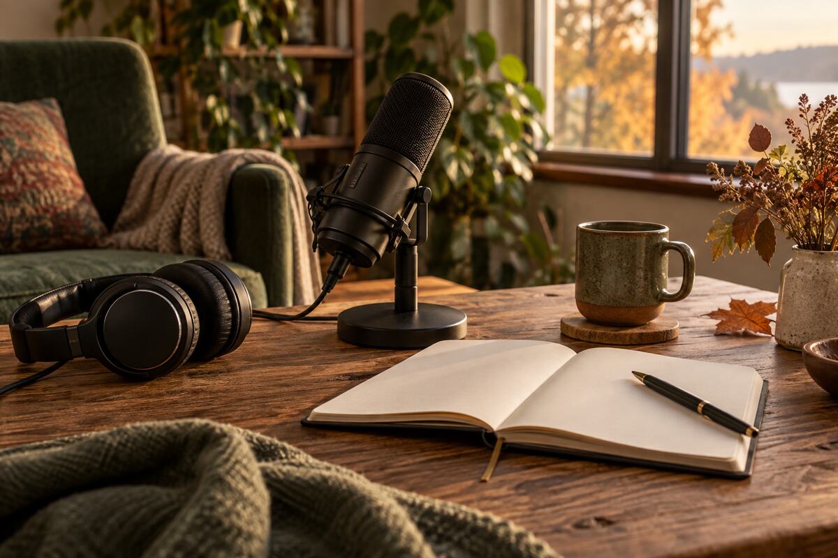 A podcast microphone, headphones, and an open notebook in warm autumn light